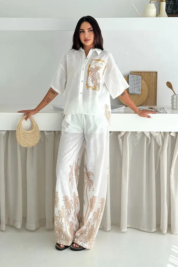 KETEN KUMAS PALMİYE BASKILI CEP TAŞ DETAYLI TAKIM