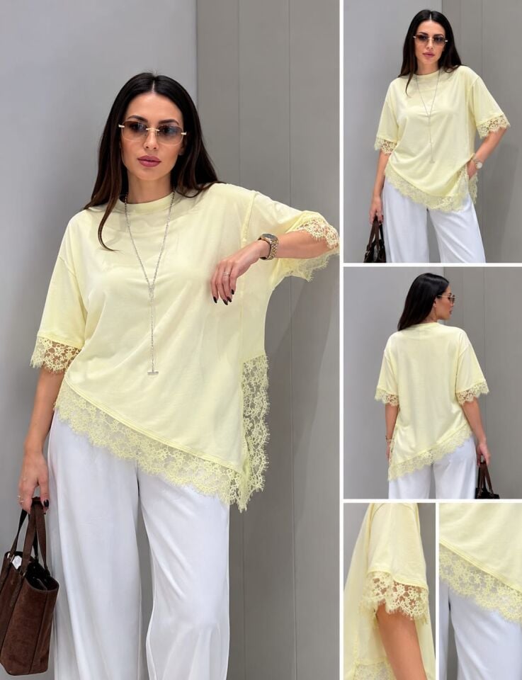 KADIN DANTEL DETAYLI ASİMERİK T-SHIRT