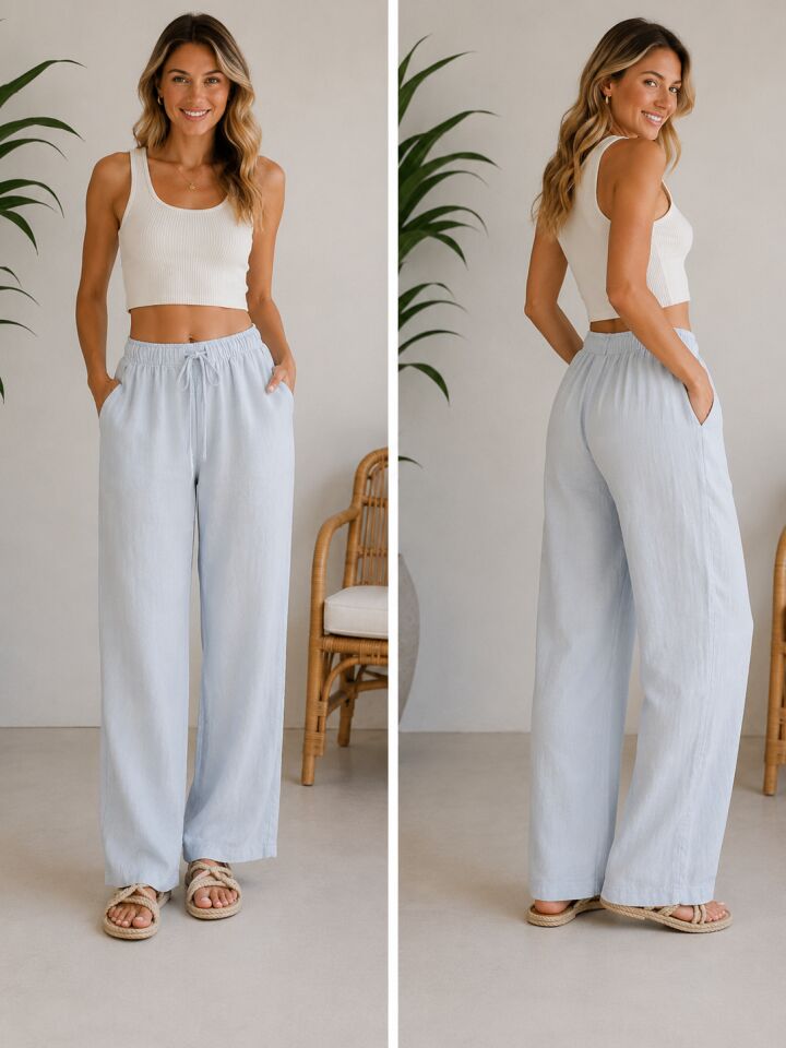 Mavi keten pantalon