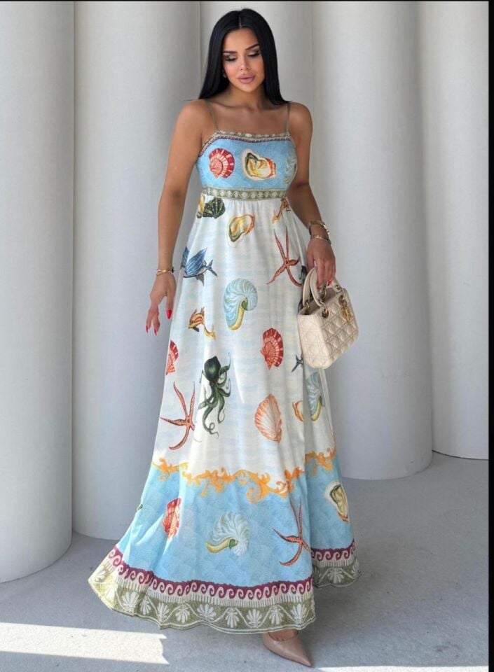 DESENLİ KARE YAKA ASKILI ELBİSE