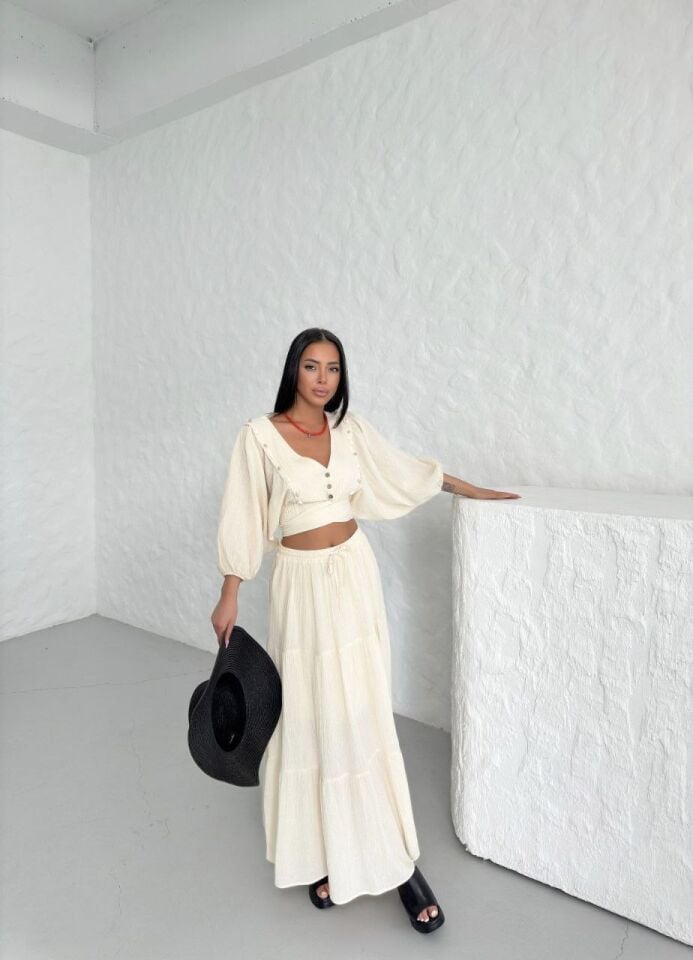 DENIZ KABUKLU BAĞLAMALI CROP BLUZ ETEK KRINKIL TAKIM