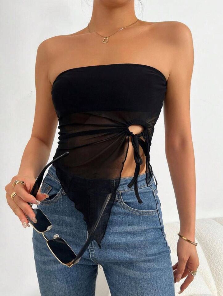 Straplez Tül Detaylı Büzgülü Crop Bluz